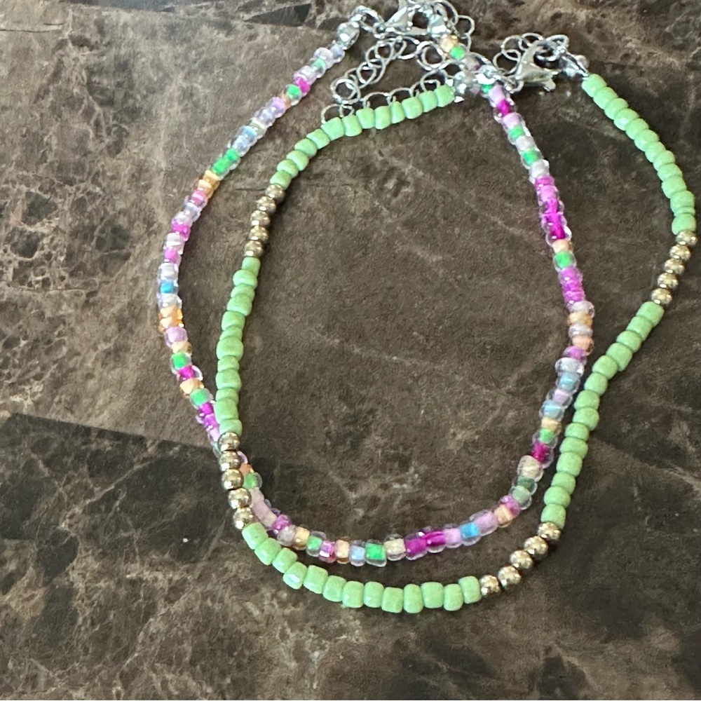Set Of 2 Glass Bead Ankle Bracelets Pastel Multi Gold NWOT